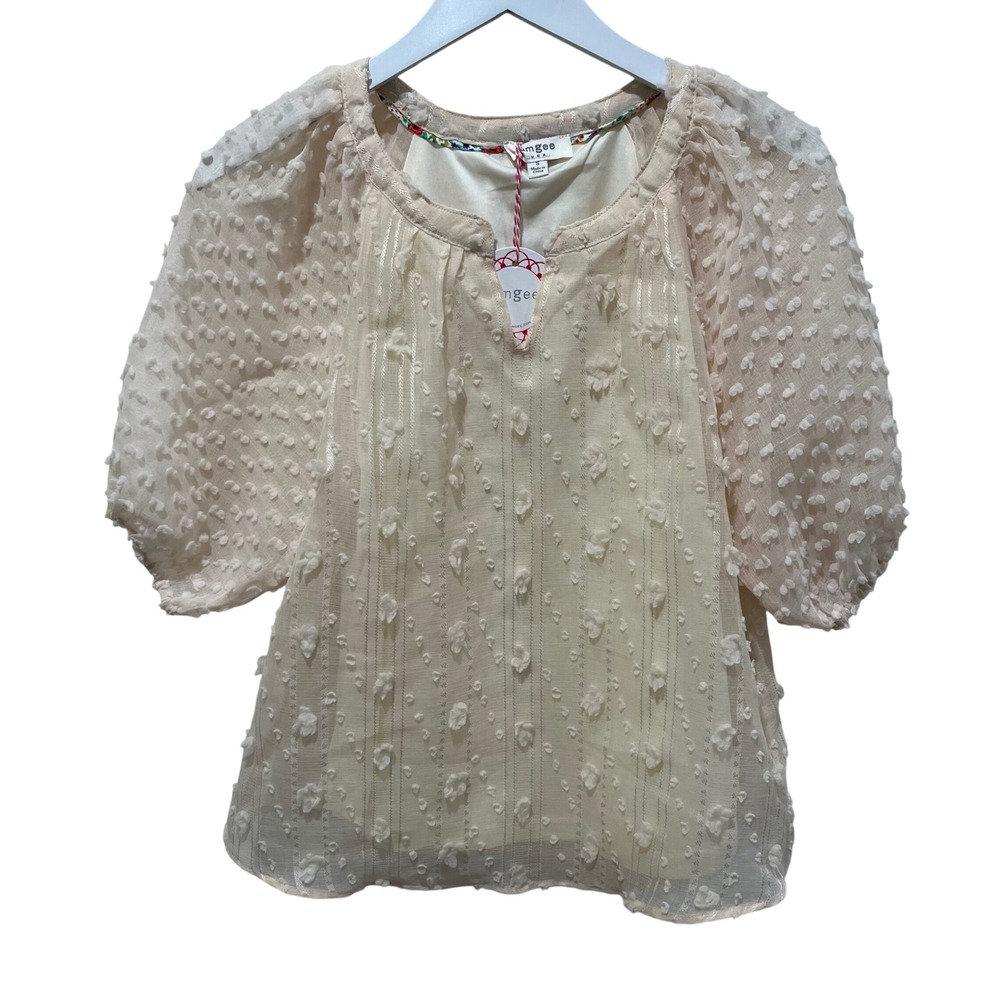 New Umgee Puff Sleeve Swiss Dot Blouse Women Small Cream Boho Chic Indie Cottage
